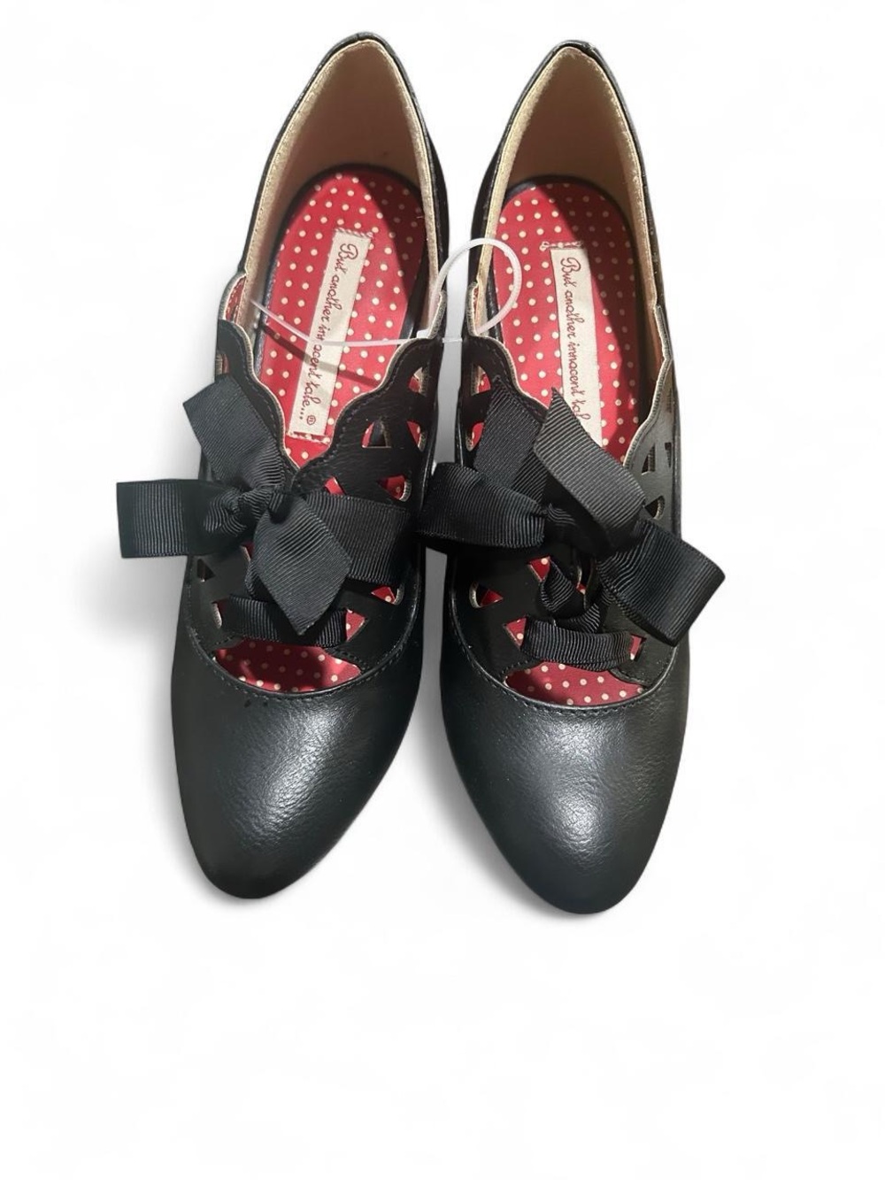 BAIT Black Cutout Bow Heels Retro Rockabilly Mary Jane Pumps Polka Dot Size 7
